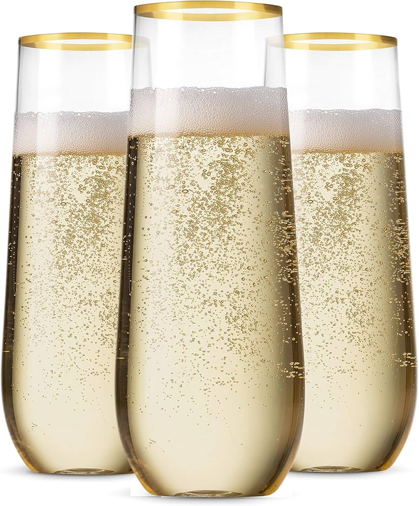 Munfix 48 Pack Stemless Plastic Champagne Flutes Disposable 9 Oz Gold Rim Clear Plastic Toasting ... | Amazon (US)