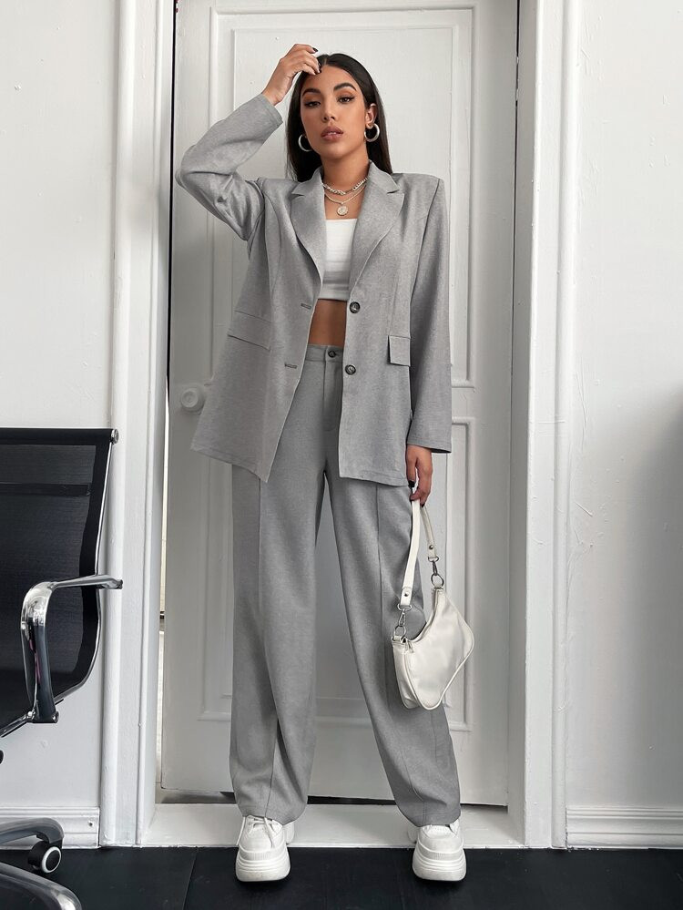 SHEIN BIZwear Solid Lapel Neck Blazer & Suit Pants | SHEIN