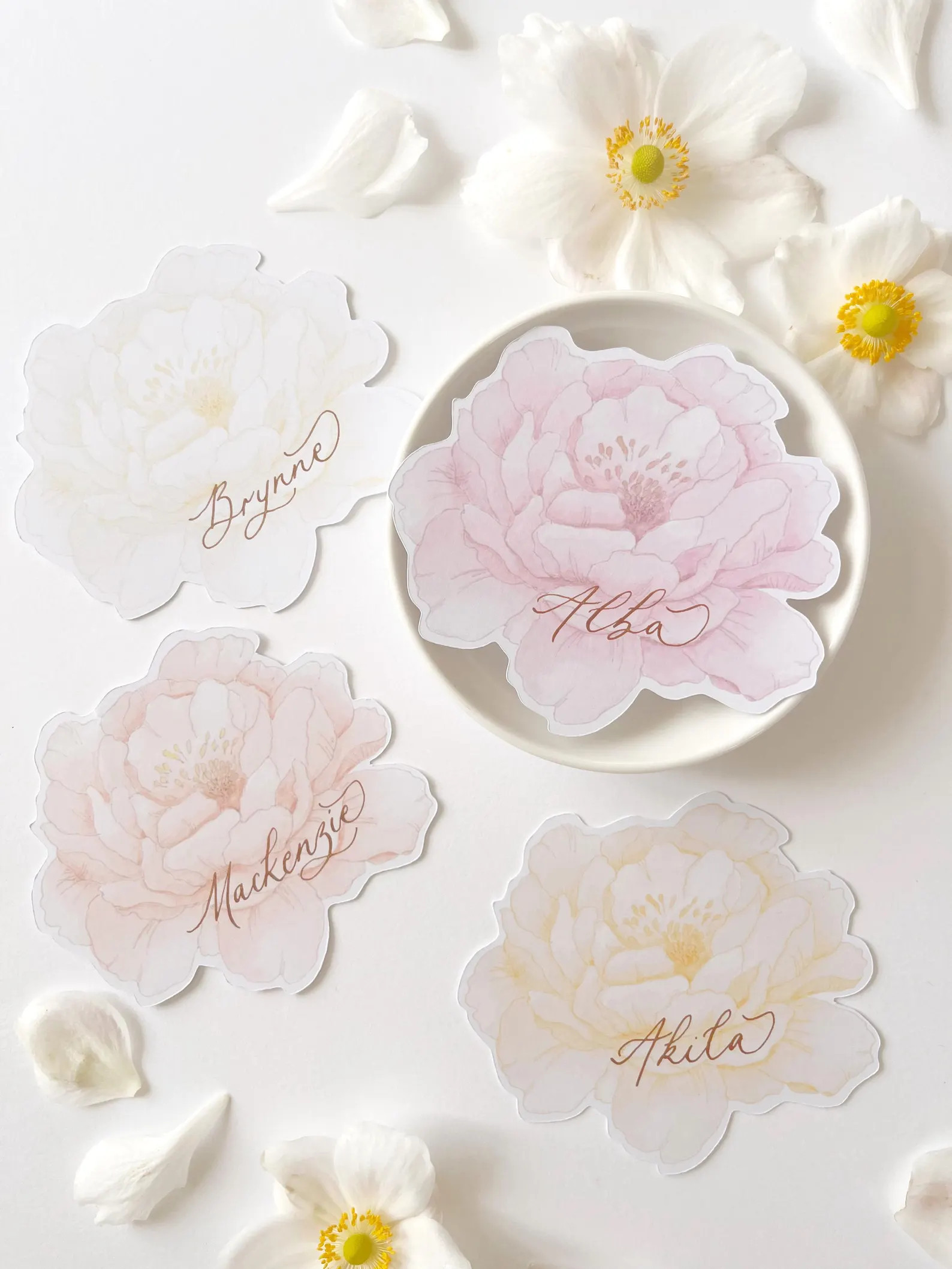 Personalized Pastel Peony Place Cards: Walnut Calligraphy | Etsy (Global)