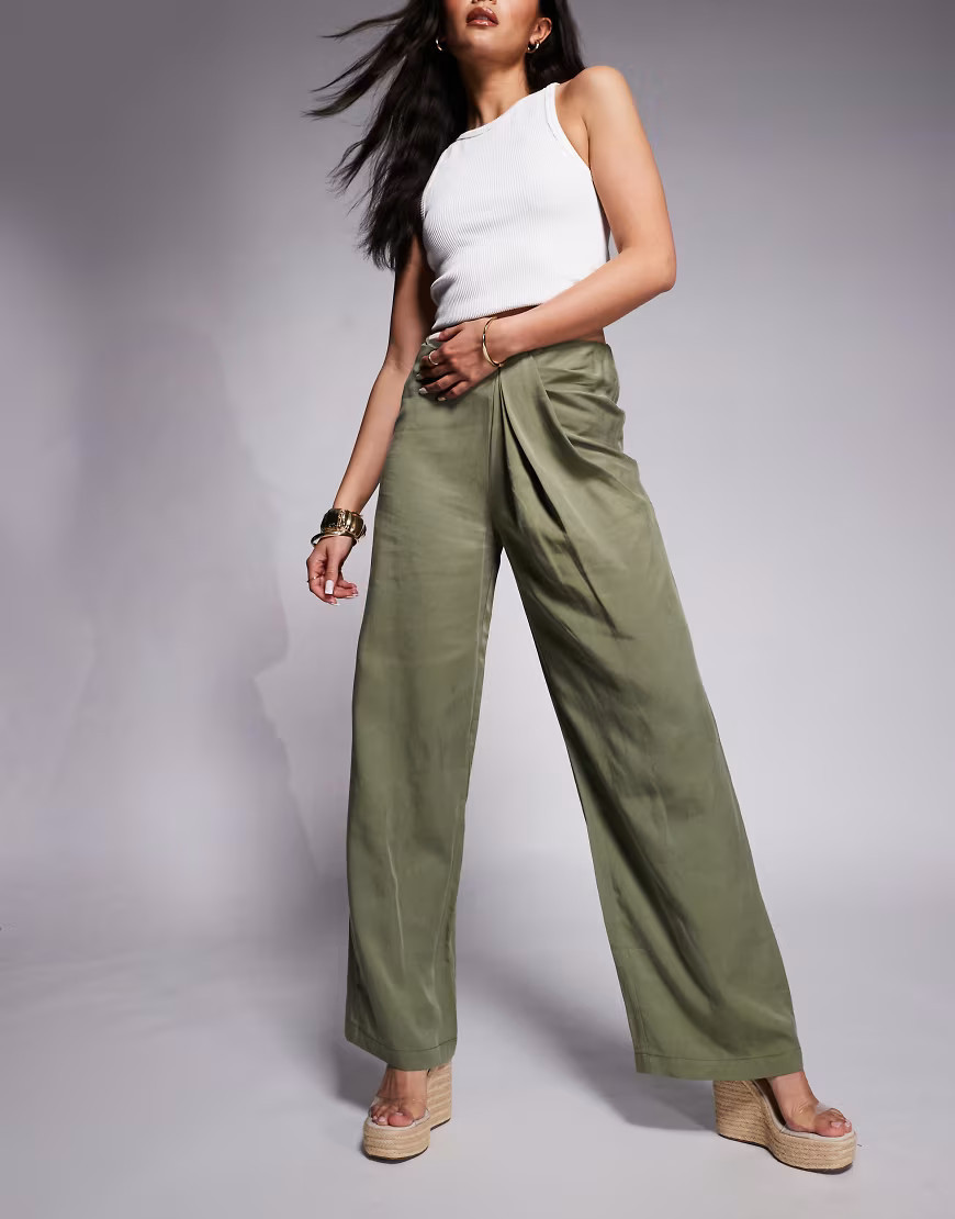 ASOS DESIGN soft straight leg pants with draped waist detail in olive green | ASOS (Global)