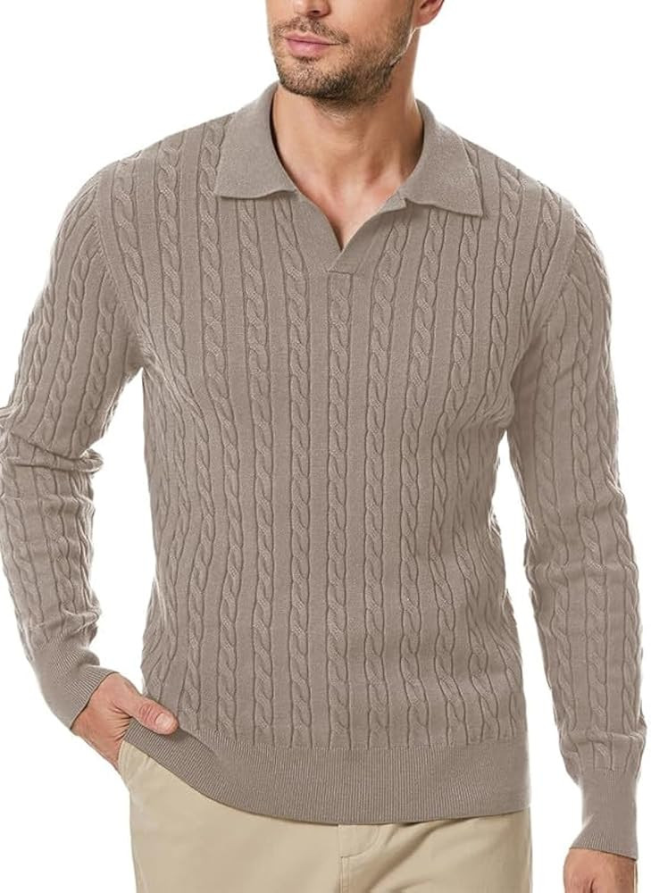 Men's Sweater V Neck Cable Knit Pullover Sweater Casual Long Sleeve Collared Twist Patterned Polo... | Amazon (US)