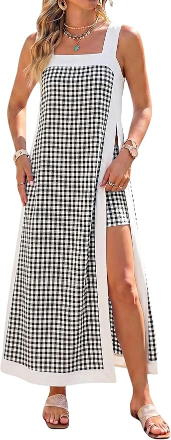 Bankeng Women's 2 Piece Sets Casual Square Neck Color Block Sleeveless Plaid Maxi Dress Matching ... | Amazon (US)