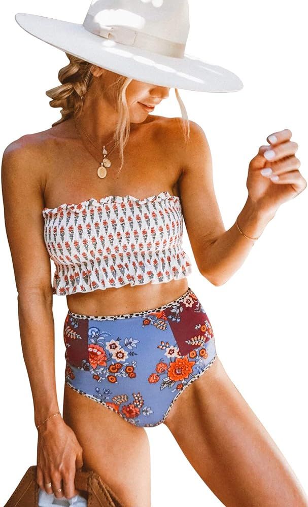 Women Printed Bandeau Bikini Two Piece Off Shoulder Swimsuit Shirred Swimsuit Ruffled High Waist ... | Amazon (US)