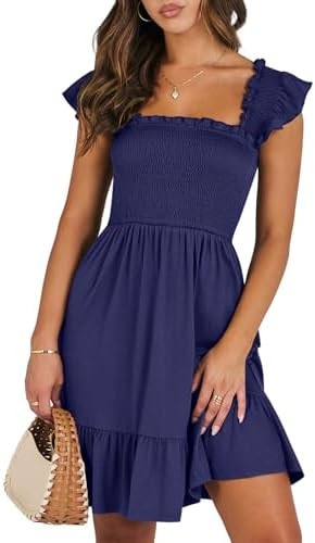 ANRABESS Women's Summer Casual Sleeveless Square Neck Dress 2026 Smocked Ruffle Backless Boho Bea... | Amazon (US)