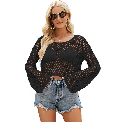 crochet cover-up Tops with Bell Sleeve Round Neck Lightweight Beach Cover Ups Crochet Knit Loose Fit Hollow Out Cropped Sweater Tops, Black - L | Target