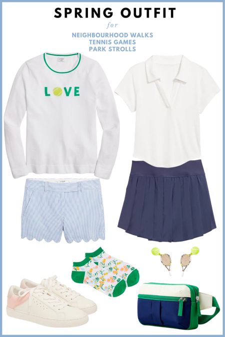 Spring outfit 2023, summer outfits // tennis sweater, seersucker scallop shorts, women’s polo shirt, tennis skirt, neutral sneakers, novelty earrings, cute socks. Active outfit, athleisure outfit, sports outfit. 

#LTKunder50 #LTKfit #LTKstyletip