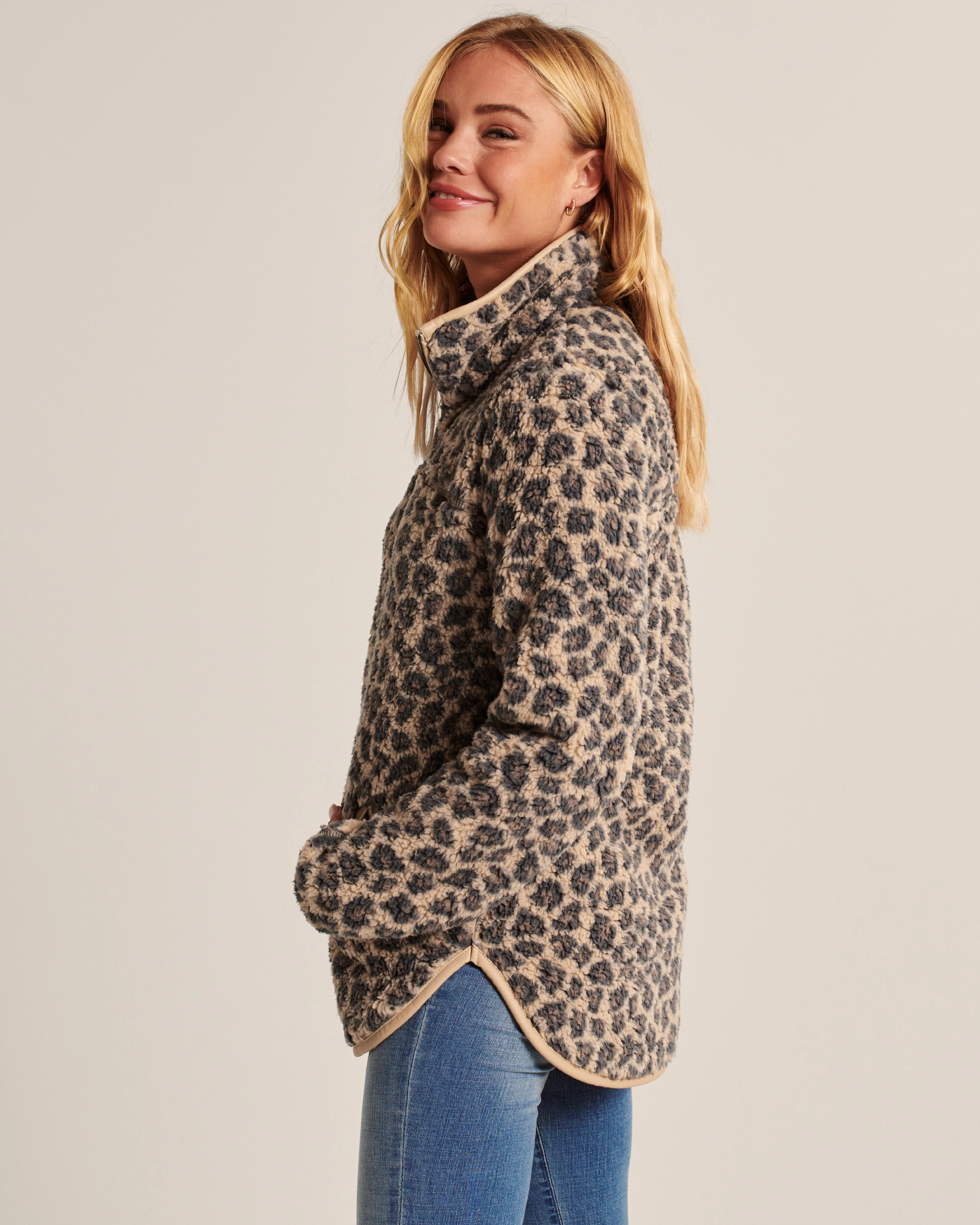 Sherpa Half-Zip Faux Leather-Trim Sweatshirt | Abercrombie & Fitch (US)