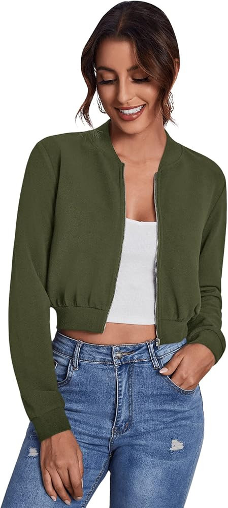 SweatyRocks Women's Casual Long Sleeve Solid Zip Up Coat Crop Bomber Jacket | Amazon (US)