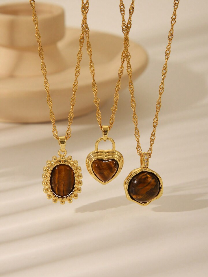 1pc Vintage Brown Gemstone Stainless Steel Pendant Necklace, Oval Sun & Heart Shape Golden Platin... | SHEIN