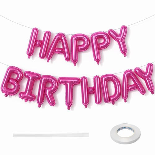 Happy Birthday Balloon Banner - 16 Inch Hot Pink Foil Mylar Sign Bunting Self Inflating Letter Balloons for Girls Women Party Decorations Supplies | Amazon (US)