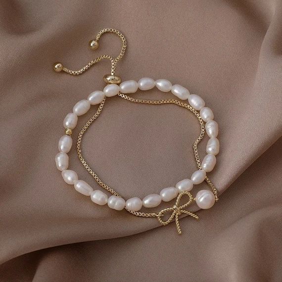 Set of 2 bracelet, Pearl bracelet, fresh water pearl bracelet, baroque pearl Bracelet, bow bracel... | Etsy (US)