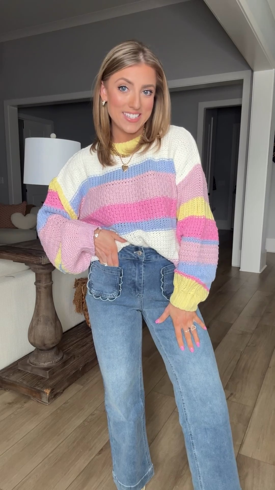 This Walmart new arrivals outfit is pure happiness 💕 The colorful striped sweater is cozy, lightweight, and perfect for spring layering. Paired with these scallop pocket wide leg jeans that add the cutest detail while still being comfortable and flattering. Such an easy everyday outfit that feels fun but totally wearable.

#WalmartFashion #WalmartNewArrivals #AffordableStyle #EverydayOutfits #SpringStyleInspo #LTKFinds

Comment SHOP below to receive a DM with the link to this post on my LTK ⬇ https://liketk.it/5SfzY