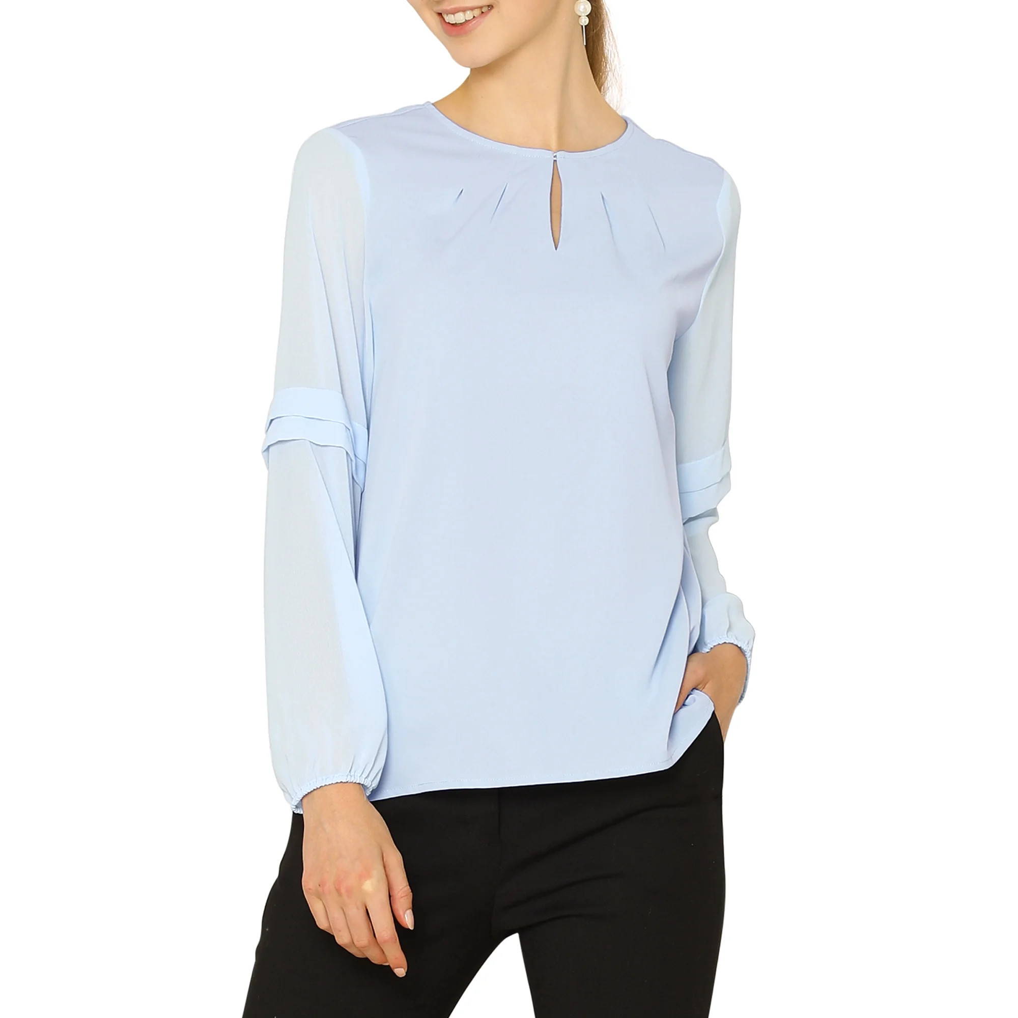 DARING DIVA Chiffon Semi Sheer Long Sleeves Keyhole Neck Blouse S Light Blue | Walmart (US)