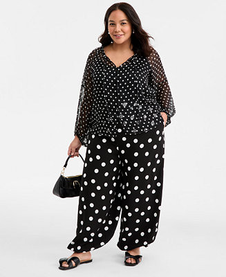 Trendy Plus Size Polka-Dot Crinkle-Chiffon Blouse & Pull-On Balloon Pants, Macy's Exclusive | Macy's