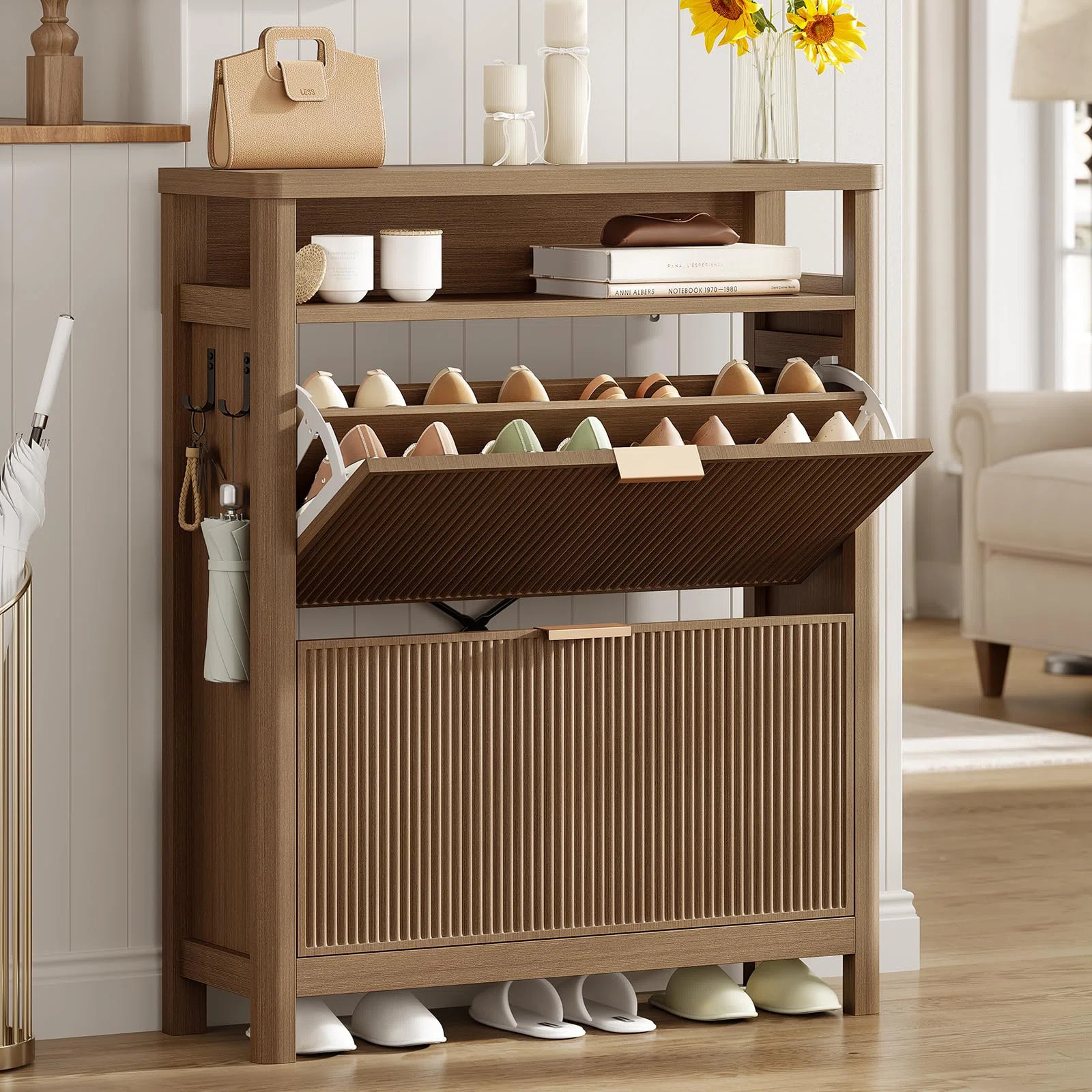16 Pair Shoe Storage Cabinet with 2 Flip Drawers Open Cubby and Adjustable Shelves & Side Hooks E... | Wayfair North America