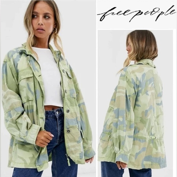 Free People Jacket Lead The Way Lime Combo Camo Utility Size Medium | Poshmark