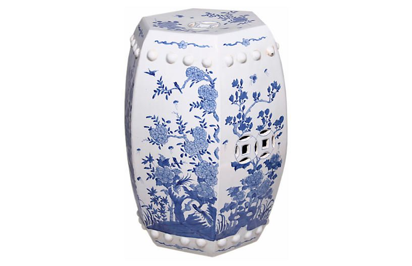 Floral Garden Stool, Blue/White | One Kings Lane