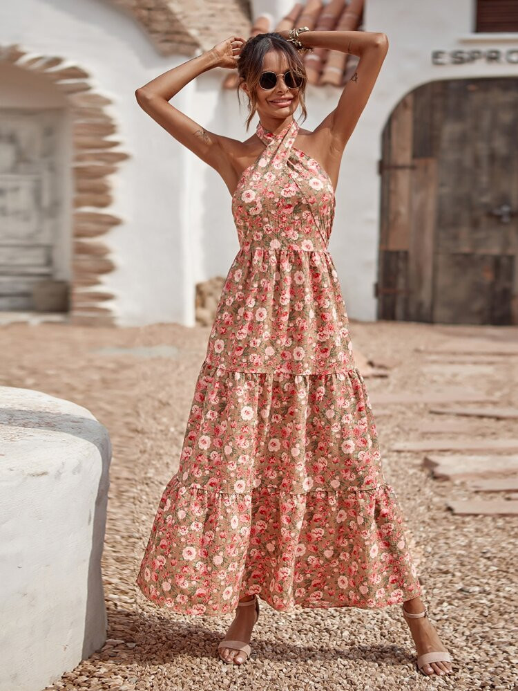 All Over Floral Print Shirred Back Ruffle Hem Halter Neck Dress | SHEIN