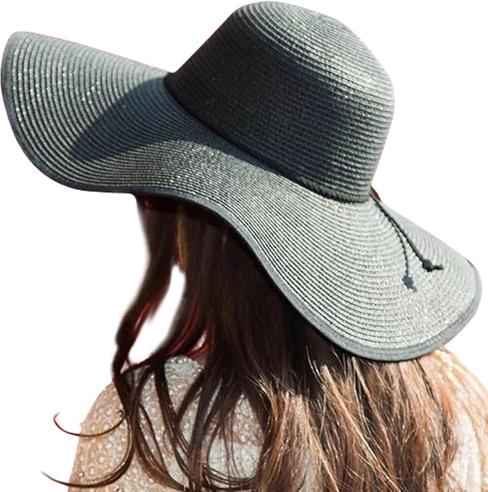 Lanzom Womens Wide Brim Straw Hat Big Floppy Foldable Roll up Cap Beach Sun Hat UPF 50+ | Amazon (US)