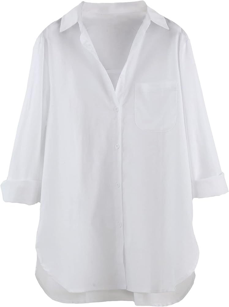 LaovanIn Women's Linen Shirts Oversized Button Down V Neck Shirt Long Sleeve Blouse Casual Plain ... | Amazon (US)
