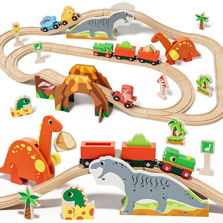Lehoo Castle Wooden Train Set, Dinosaur Wooden Train Track Set, Wood Toy Train Set for Toddlers 2... | Amazon (US)