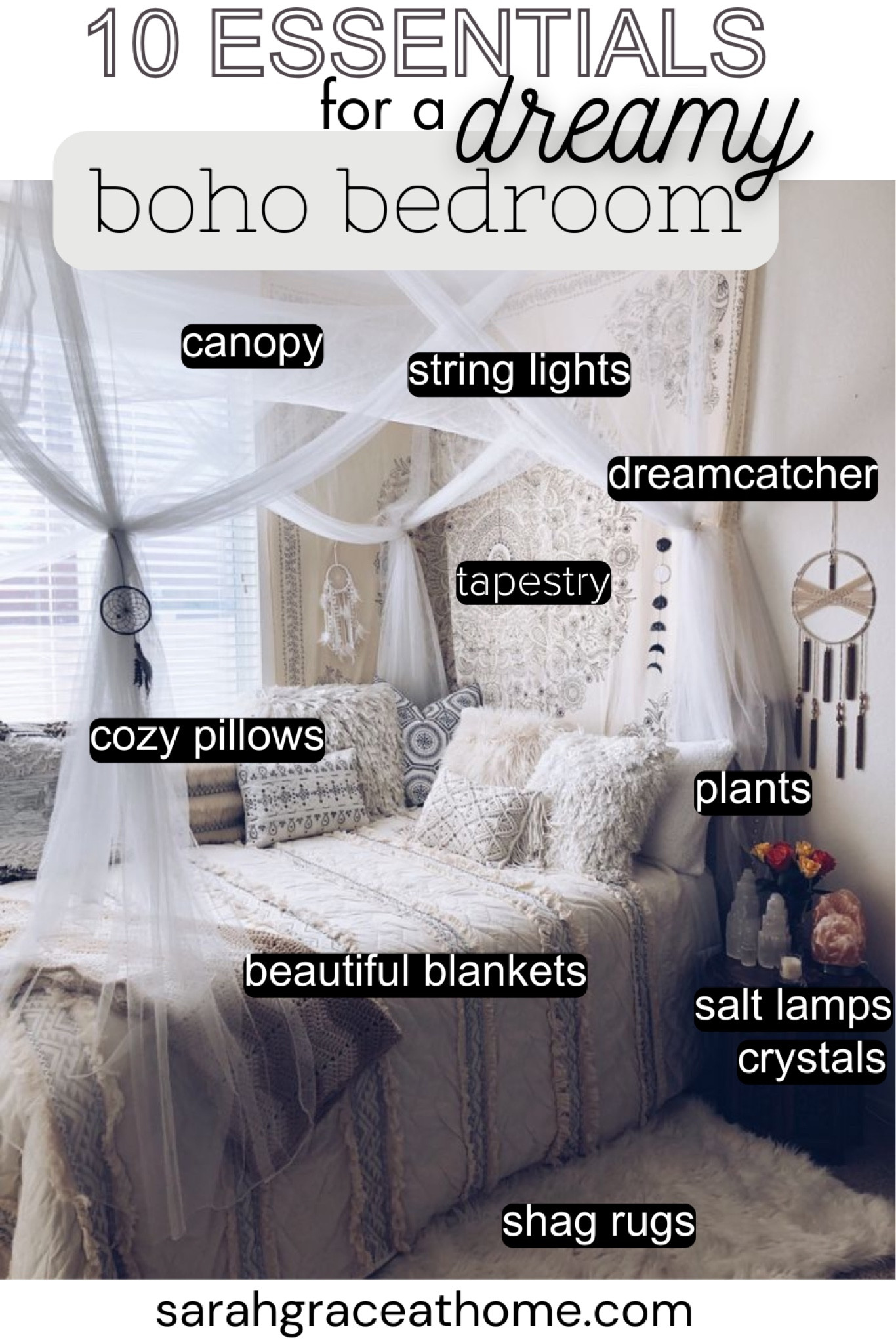 Boho chic bedroom. Bohemian vibe aesthetic. Calm zen room. Bed canopy, blankets and pillows, tapestry, string lights, dreamcatcher, plants, salt lamps and crystals. Boho decor

#LTKstyletip #LTKGiftGuide #LTKhome