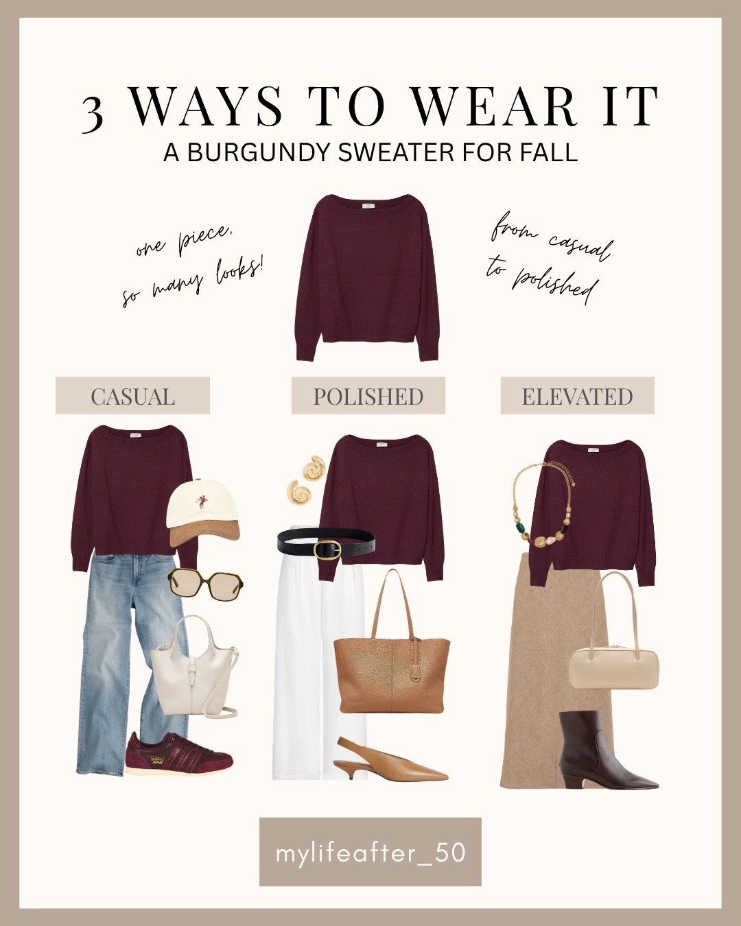 One sweater, three different ways to wear it. 🤎

I love pieces that can work for different occasions, and this burgundy sweater is such an easy one for fall. Dress it up, keep it casual, or make it a little more polished.

Which look would you wear? 1, 2 or 3?

#FallStyle #FallFashion #WomenOver50 #StyleOver50 #Over50Style #FallOutfits #CapsuleWardrobe #WearItThreeWays #LTKStyle #LTKFinds #MyLifeAfter50

#LTKootd #LTKSeasonal #LTKOver40