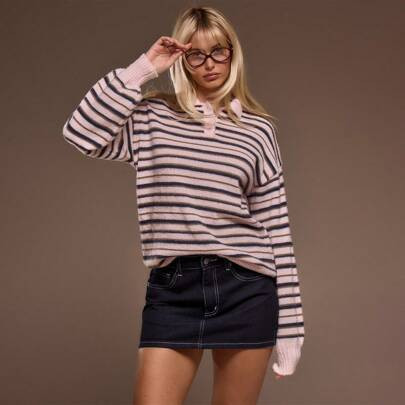Relaxed Fit Knit Striped Collared Button Long Sleeve Polo Sweater Easter Spring Cute Spring Casual Y2k 90's Stripe | SHEIN