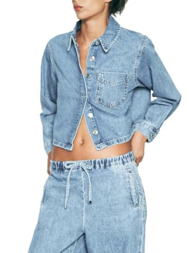 Women Crop Denim Jacket Shacket Long Sleeve Jean Shirts Lapel Collar Denim Shirt Blouse | Amazon (US)
