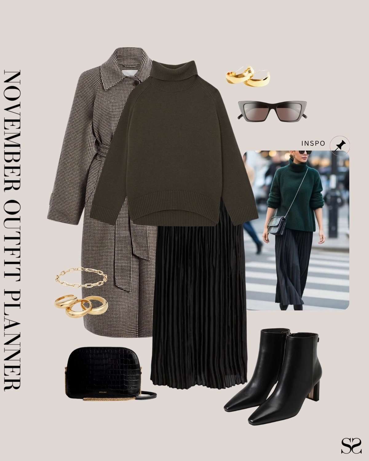 Monthly outfit planner NOVEMBER: Fall outfits | pleated maxi skirt, olive sweater, houndstooth long coat, black boots

Image inspo credit: Pinterest

#falloutfit #classicstyle #officeoutfit


#LTKWorkwear #LTKStyleTip #LTKSeasonal