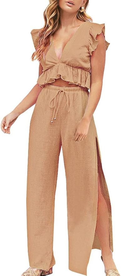 FANCYINN Womens 2 Pieces Outfits Deep V Neck Crop Top Side Slit Drawstring Wide Leg Pants Set Jum... | Amazon (US)