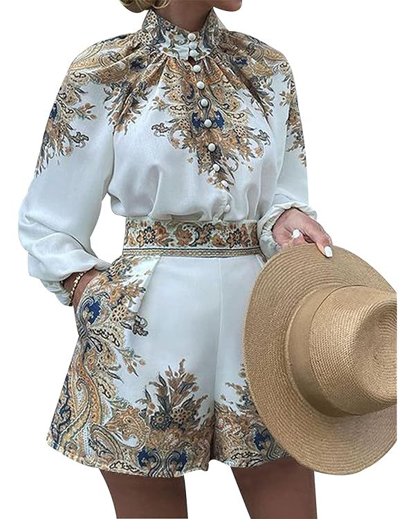 Gihuo Womens Boho Print Long Sleeve Top High Waist Shorts Sets 2 Piece Outfits Tropical Romper Su... | Amazon (US)
