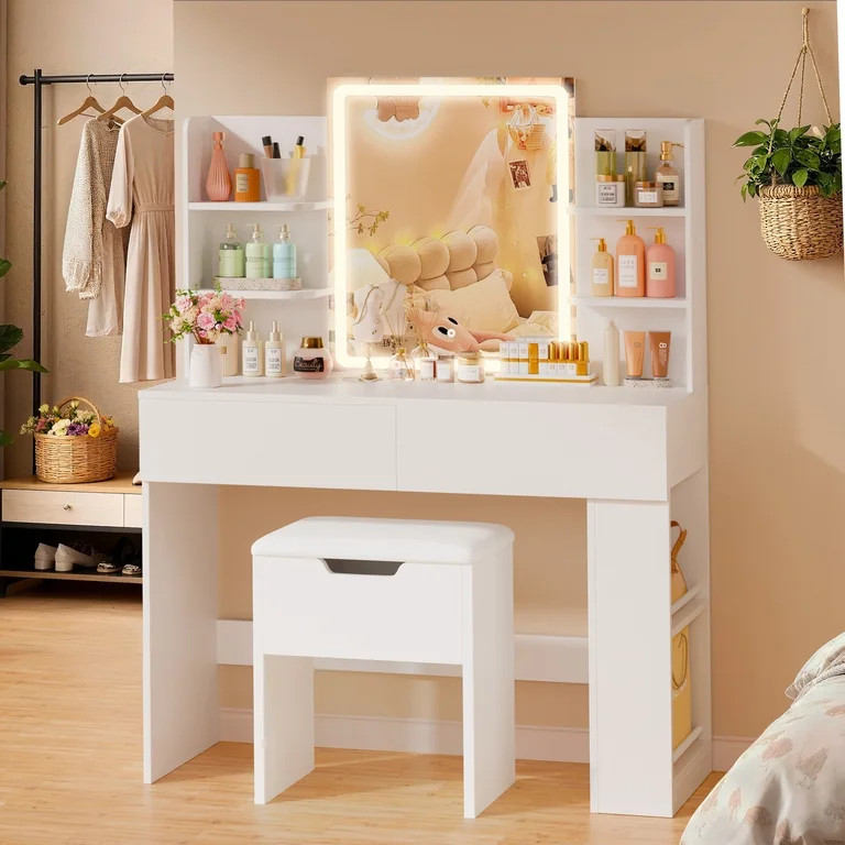 Homall Vanity Desk Set with 3 Colors LED Lighted Mirror, Makeup Vanity with Stool, Storage Shelve... | Walmart (US)