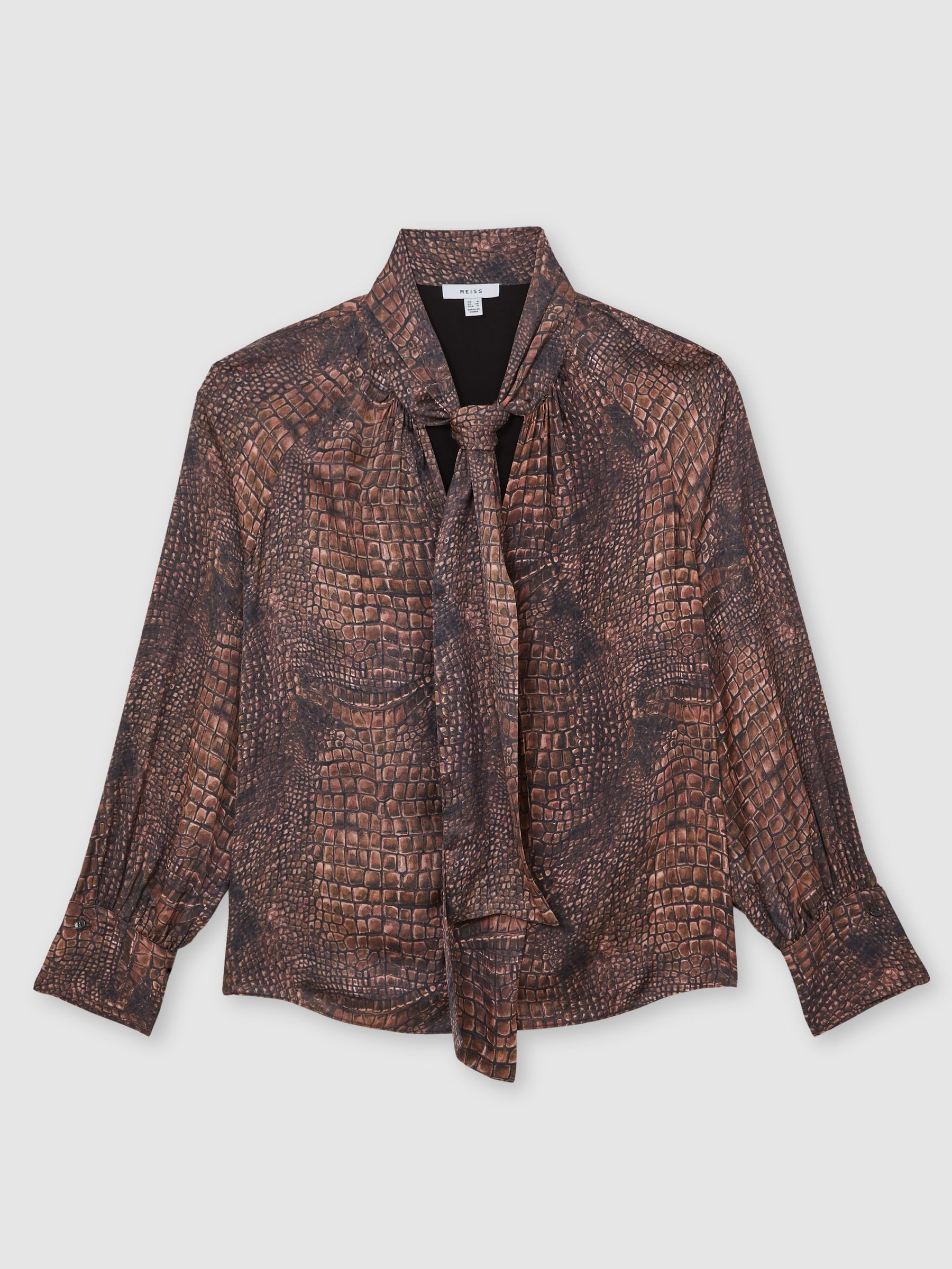 Reiss Crocodile-Print Tie-Neck Blouse in Brown - REISS | Reiss UK