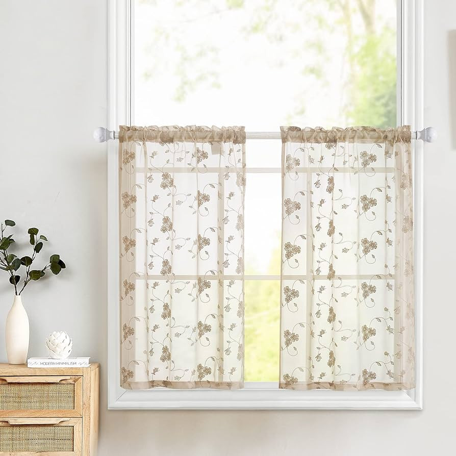 Lazzzy Taupe Sheer Kitchen Curtains Cafe Curtains Floral Embroidered Voile Tiers Short Half Windo... | Amazon (US)