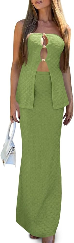 Wenrine Two Piece Sets for Women Summer Bodycon Sexy Outfit Cutout Tube Tops Knit Maxi Skirt Sets... | Amazon (US)