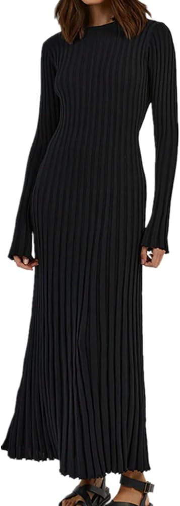 Bodycon Knit Dress for Women Long Sleeve Crew Neck Ribbed Solid Fall Long Maxi Going Out Dress | Amazon (US)