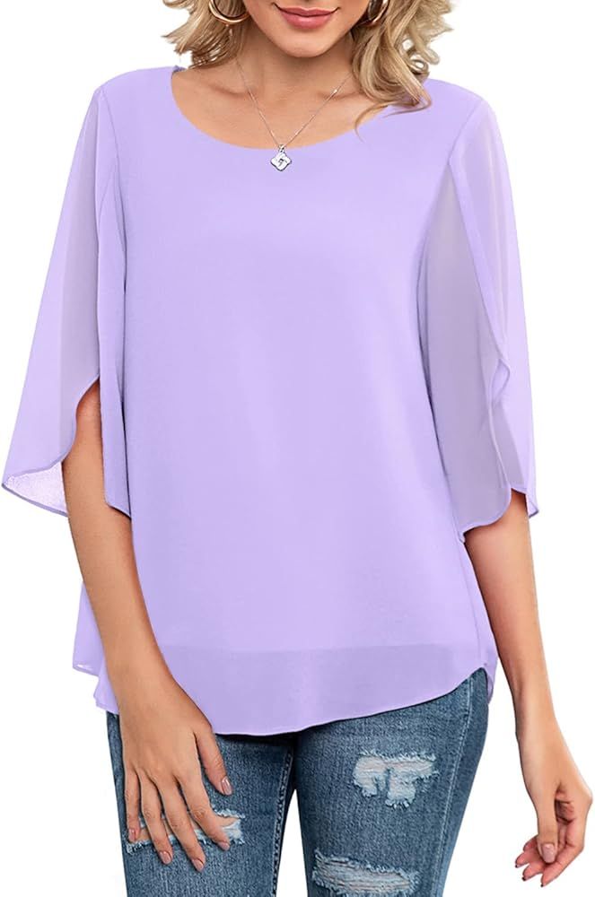 Neineiwu Womens Casual Scoop Neck Loose Top 3/4 Sleeve Chiffon Blouse Shirt Tops | Amazon (US)