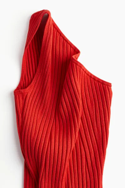 One-shoulder Rib-knit Top - Asymmetric Neckline - Sleeveless - Red - Ladies | H&M US | H&M (US + CA)