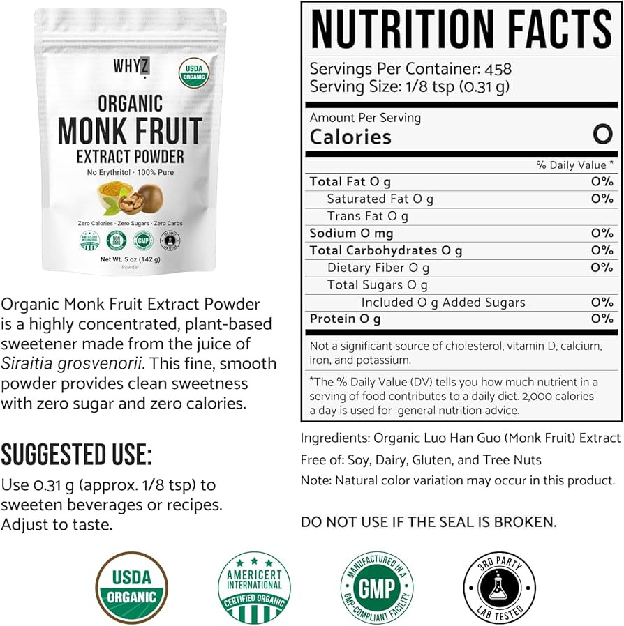 Organic Monk Fruit Extract, 5 oz, Pure Monk Fruit Sweetener Organic No Erythritol and Zero Calori... | Amazon (US)