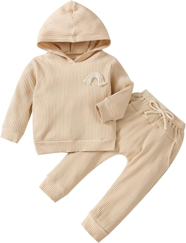 Toddler Girl Ribbed Outfits 2T 3T 4T 5T Kids Long Sleeve Rainbow Hoodie Sweatshirt and Pants Spri... | Amazon (US)