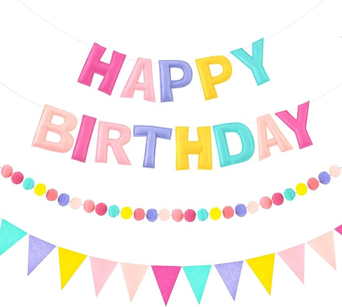 Pre-Strung 3D Happy Birthday Banner, 3 PCS Happy Birthday Felt Garland, Pom Pom Garland, Triangle... | Amazon (US)