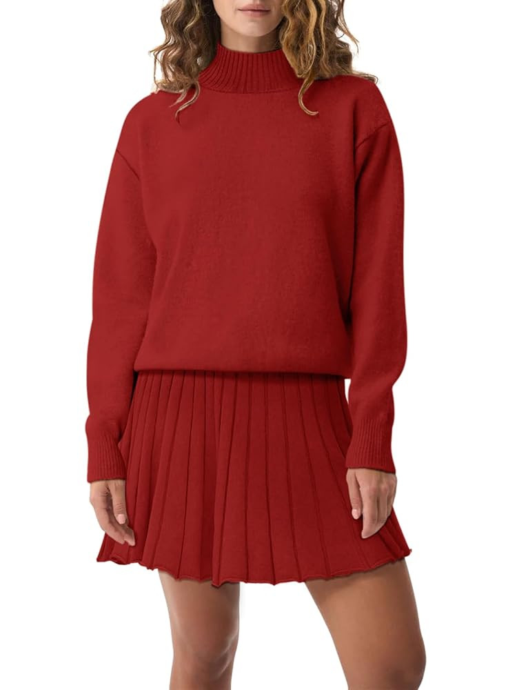 Women's Two Piece Outfits Turtleneck Long Sleeve Ribbed Knit Tops Pleated Mini Skirt 2025 Casual ... | Amazon (US)