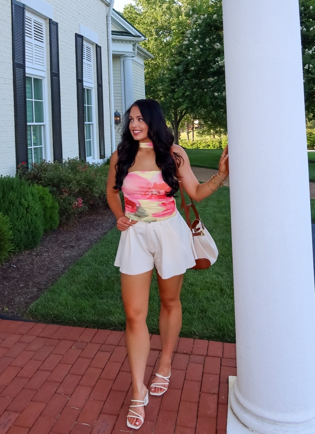 Under $10 Amazon scarf floral tank (medium), under $30 women’s cotton paper bag shorts (medium), brown and tan bag and cream heels #founditonamazon

#LTKSaleAlert #LTKootd