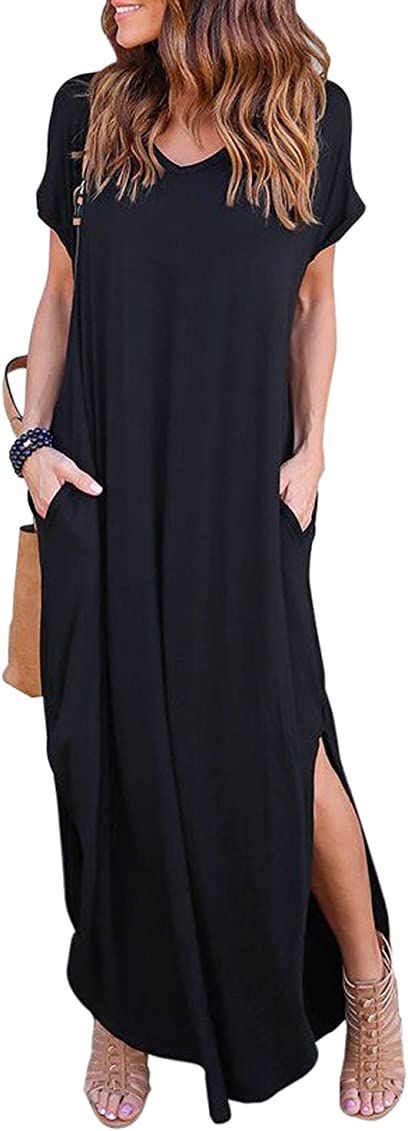 HUSKARY Women's Summer Maxi Dress Casual Loose Pockets Long Dress Short Sleeve Split | Amazon (US)