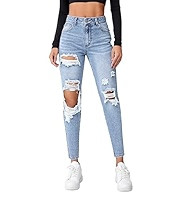 Allimy Women's High Rise Skinny Stretch Ripped Jeans High Waisted Destroyed Denim Pants | Amazon (US)