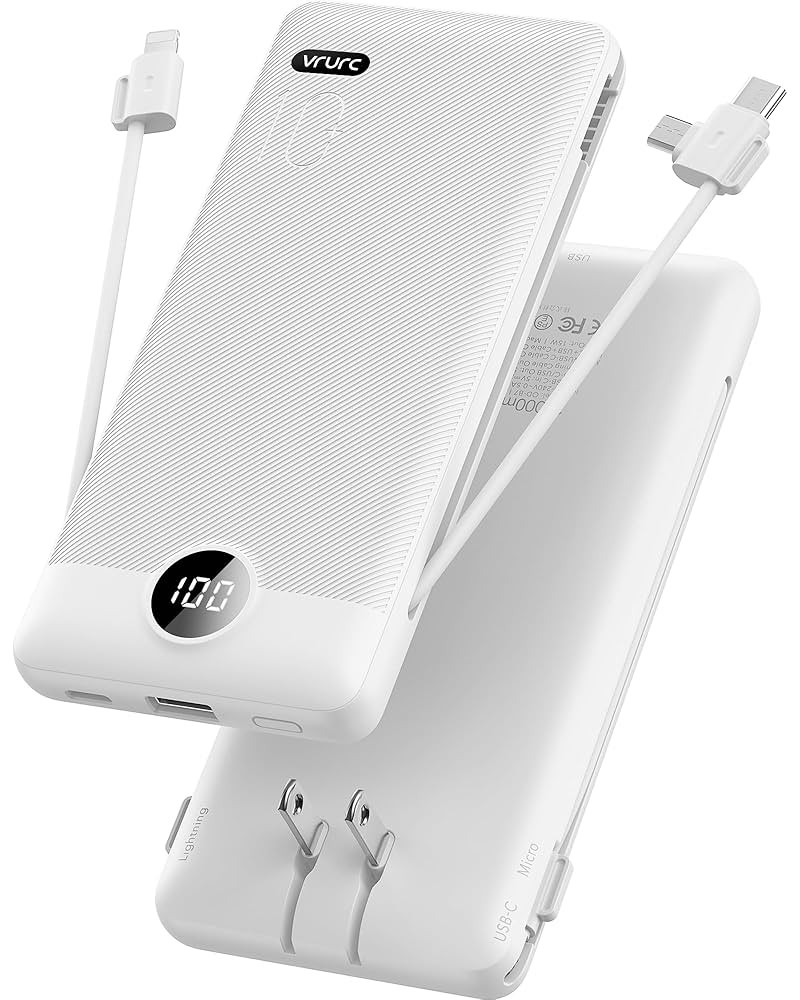 VRURC Portable Charger,Power Bank Built-in Cables and AC Wall Plug, USB C Portable Bank 10000mAh,... | Amazon (US)