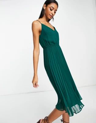 ASOS DESIGN pleated cami midi dress with drawstring waist in forest green | ASOS (Global)