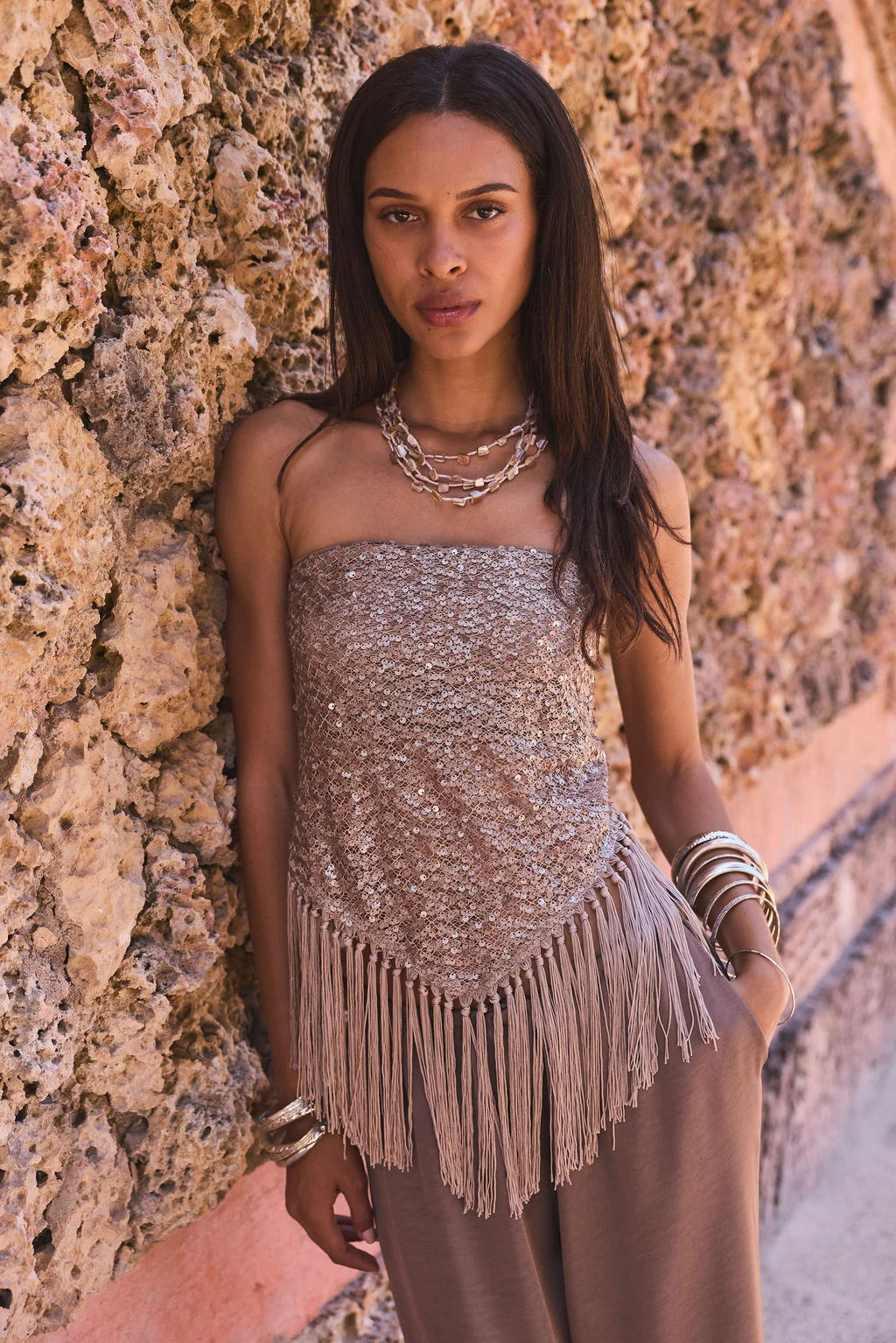 Mirage Taupe Sequin Strapless Top | 12th Tribe | 12th Tribe