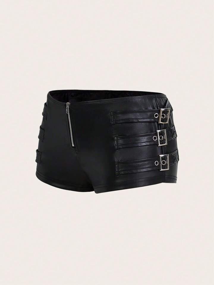 SHEIN ICON Y2k Black Tight Fit PU Low-Waist Decorated Ultra-Short Shorts Rave Festival Outfits | SHEIN